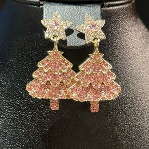 Gold, Pink and Cubic Zirconia Christmas Tree Earrings